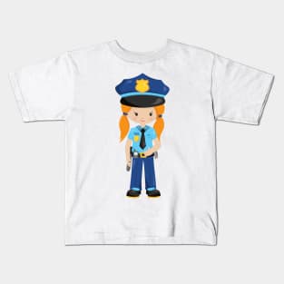 Police Girl, Police Officer, Cop, Orange Hair Kids T-Shirt